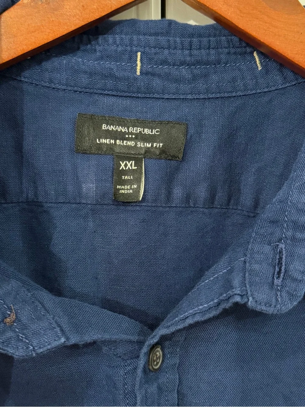 Banana Republic XXL Tall Linen Blend Short Sleeve Button Up Shirt Navy Blue